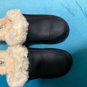 UGG Black Leather Mules with Cream Fur Lining